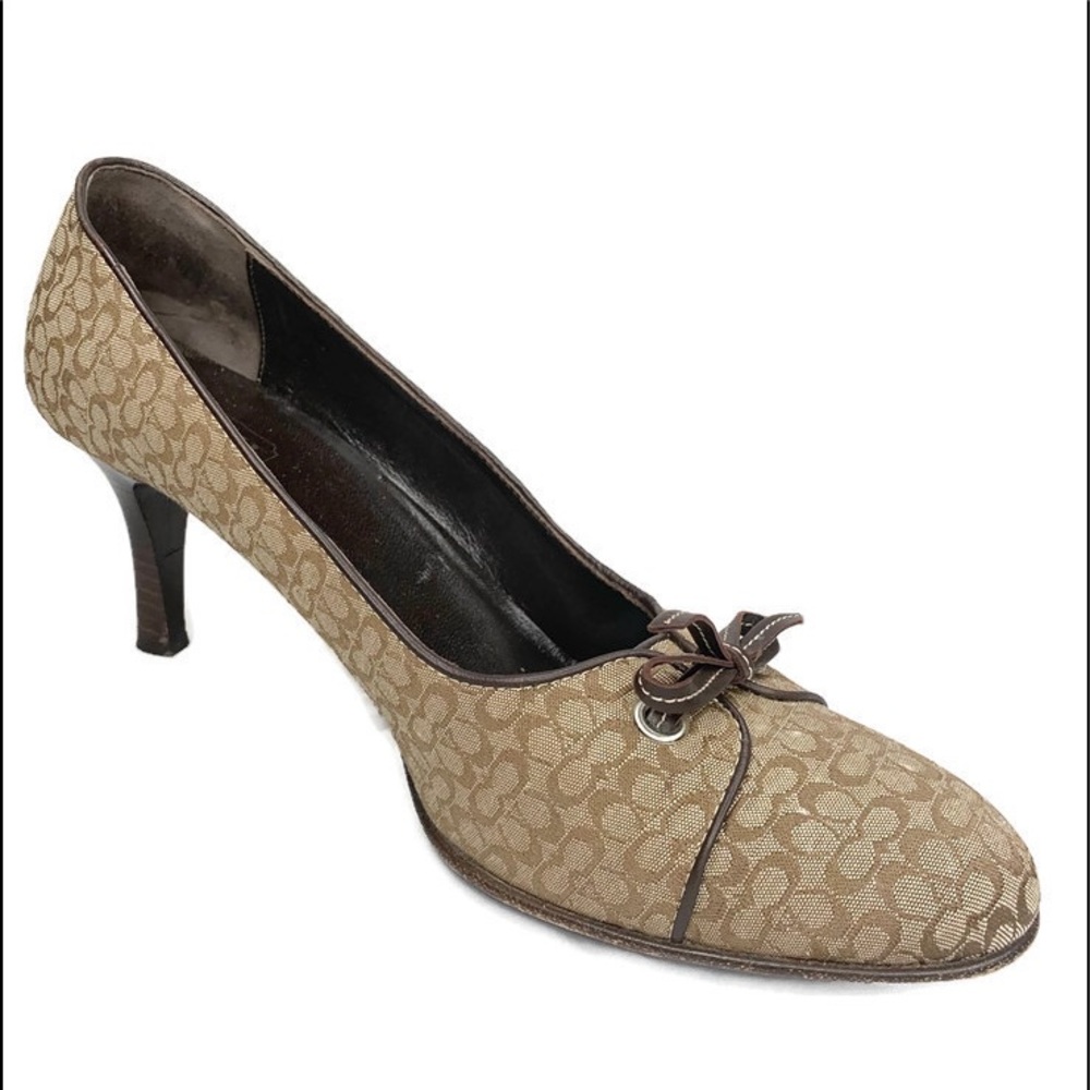 Coach Tan Signature Canvas Kitten Heel Pumps with Brown Trim